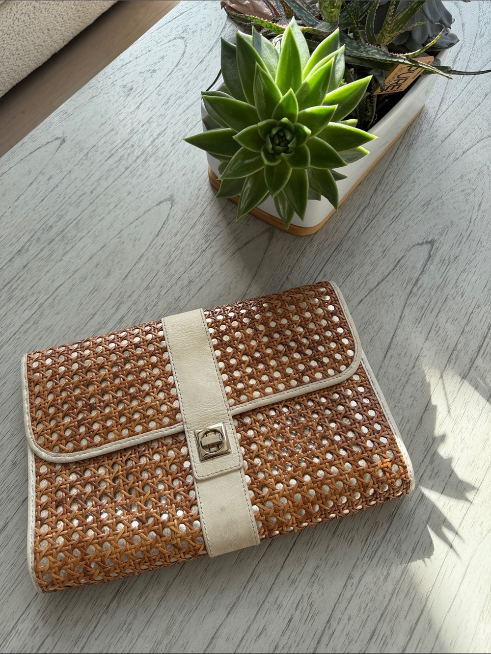 Kate Spade New York Rattan Woven Leather Trim Turn Lock Clutch